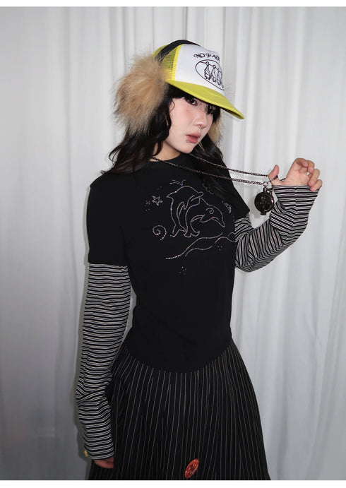 Tonngirl Y2K Vintage Long Sleeve Patchwork T-shirt
