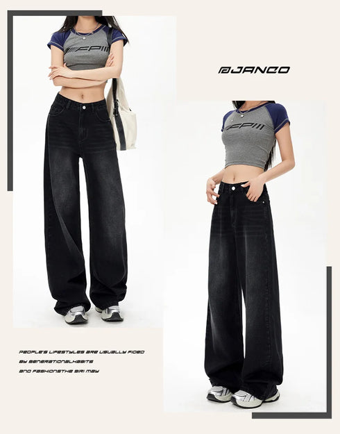 High Waist Loose Fit Black Denim Trousers for Women