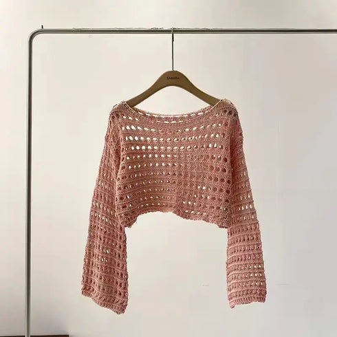Long Sleeve Crochet Knit Beach Cover Up Top