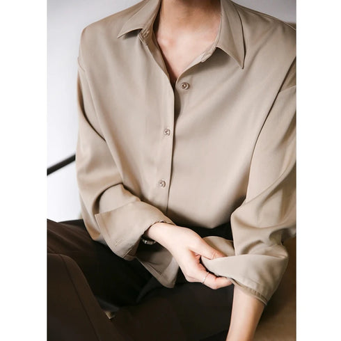 Spring Fashion Button Up Silk Shirt Vintage Blouse Women Satin Tops Office Lady Elegant Long Sleeves Female Loose Shirts 11355