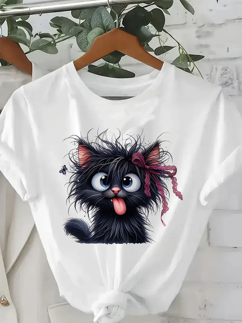 Plus Size Women's Funny Fried Cat Cartoon T-Shirt with Playful Bow Butterfly Print Casual Short Sleeve T Shirt Clothing Top Tee