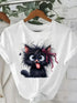 Plus Size Women's Funny Fried Cat Cartoon T-Shirt with Playful Bow Butterfly Print Casual Short Sleeve T Shirt Clothing Top Tee