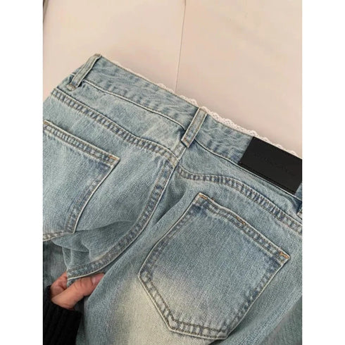 Botvotee Vintage Low Waisted Straight Leg Jeans - Light Blue
