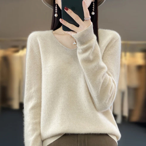 100% Merino Wool V-Neck Pullover Sweater for Women