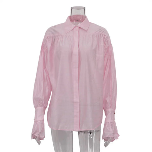 New Casual Loose See-Through White Shirts Women Autumn Lapel Long Sleeve Versatile Blouse Female Streetwear Pink Shirts Tops
