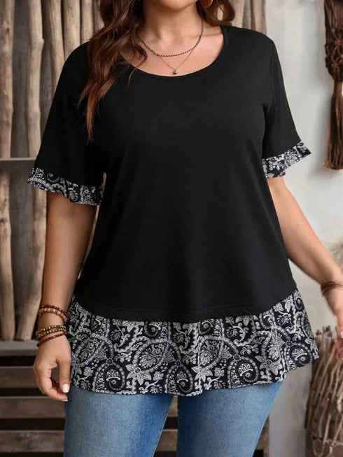 Plus Size Floral Print Short Sleeve Blouse