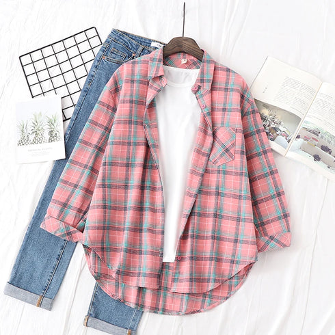 Elegant Women's Plaid Shirt 2025 New Ladies Large Size Casual Loose Lapel Long Sleeve Blouse&Tops Female Lapel Checked Clothing