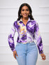 Women's Purple Gold Marble Print Satin Blouse