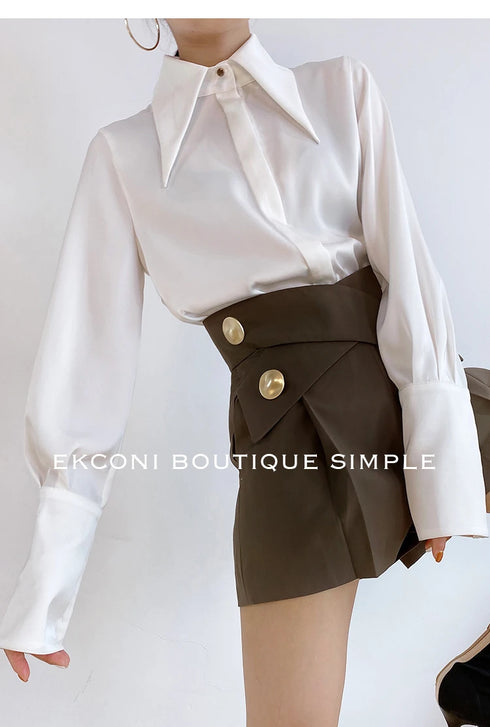 Elegant Satin Silk Blouse with Turn Down Collar