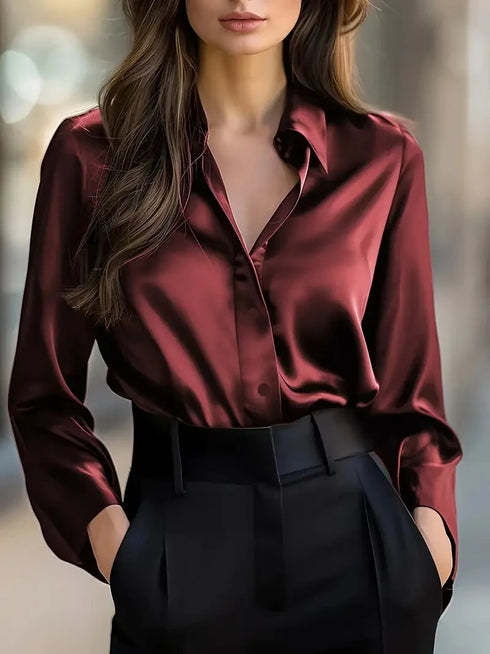 Elegant Satin Long Sleeve Blouse for Women Button-Up Collar Shirt Perfect for Casual or Professional Wear