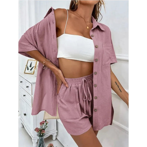 Solid Colour Casual Loose Short Pants Set for Women
