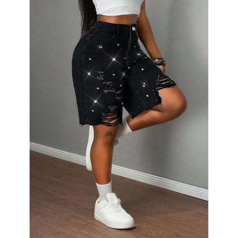 Women's Black Denim Shorts with Distressed Detail