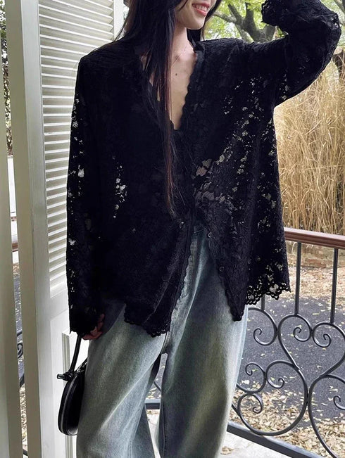 Vintage Summer Lace Blouses Women See Through Sheer Long Sleeve Sun Shirts Korean Style Casual Sun Protection Sexy Ladies Tops