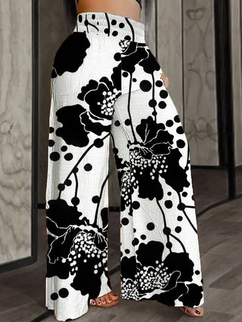 Plus Size Wide Leg Casual Trousers with Print Design
