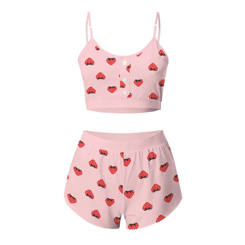 Summer 2-Piece Pajama Set Women Sleepwear Strawberry Lace Crop Top and Shorts Loungewear Pijamas