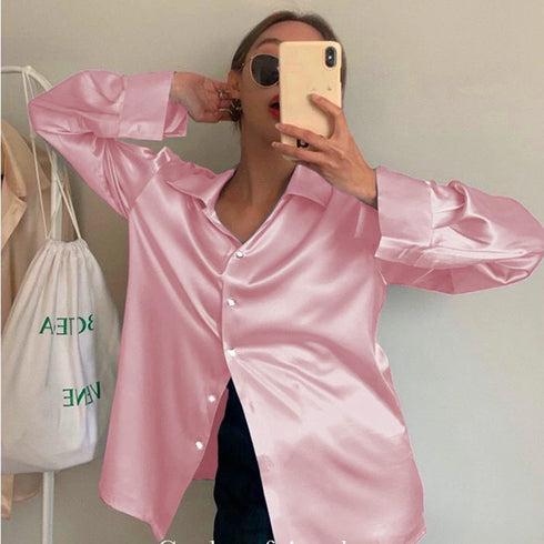 Plus Size Satin Long Sleeve Blouse for Women