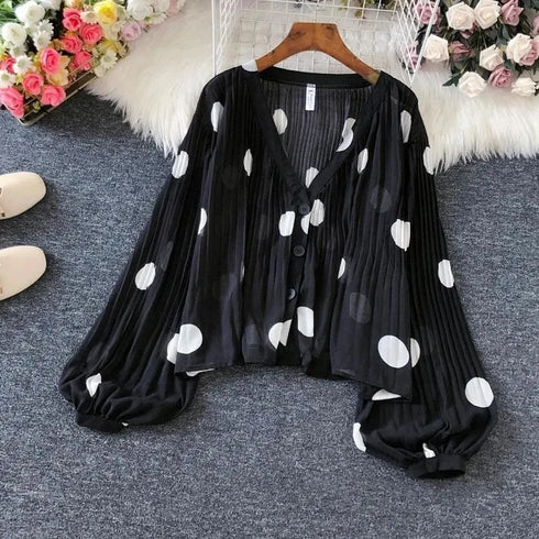 Polka Dot V-Neck Chiffon Blouse with Lantern Sleeves