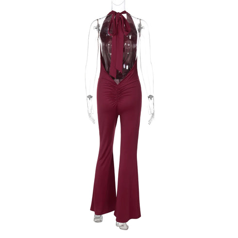 Dulzura Backless Lace-Up Flared Jumpsuit in Wine Red
