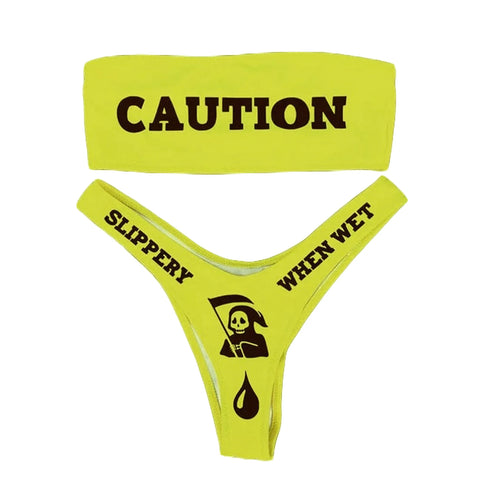 Women's Caution Print Two-Piece Bikini Set