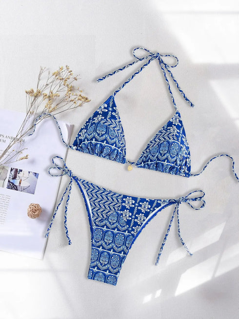 Floral Print Triangle Bikini Set with Brazilian Bottoms