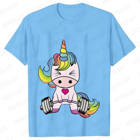 Whimsical Unicorn Weightlifting T-Shirts for Women | Trendy Fitness Graphic Tees for Summer Workouts