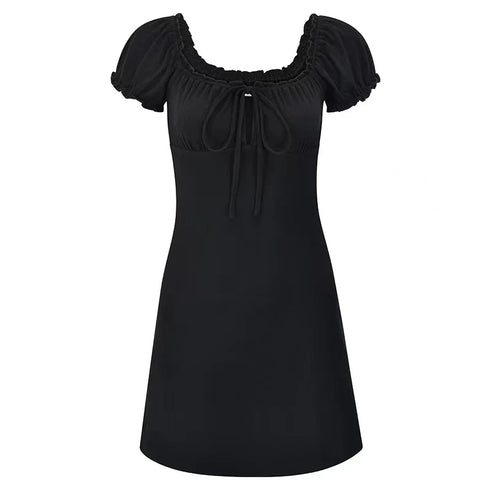 Summer Sexy Mini Dress Women Short Sleeved Lace Up Backless A-Line Casual Bodycon Black Dress for Parties