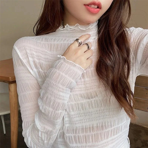 Floral Lace Turtleneck Blouse for Women
