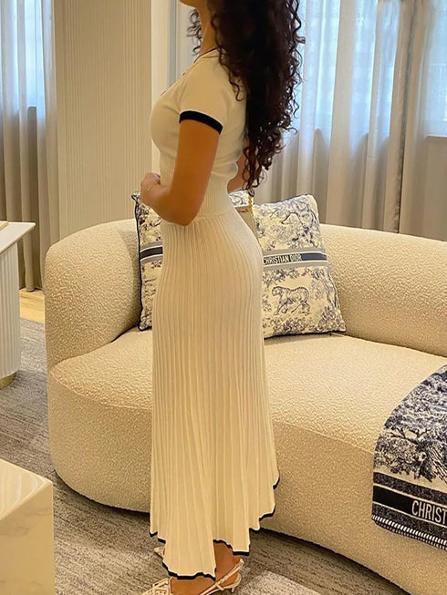 Elegant White Pleated Skirt Set with Short Sleeve Top