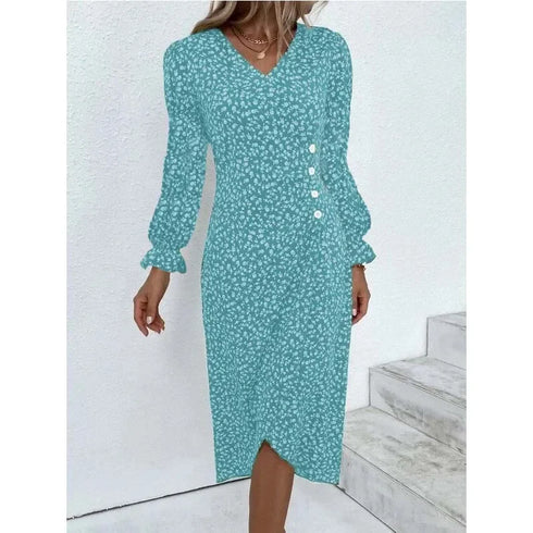 Elegant Floral Pleated Midi Dress with V Neck Puff Sleeves