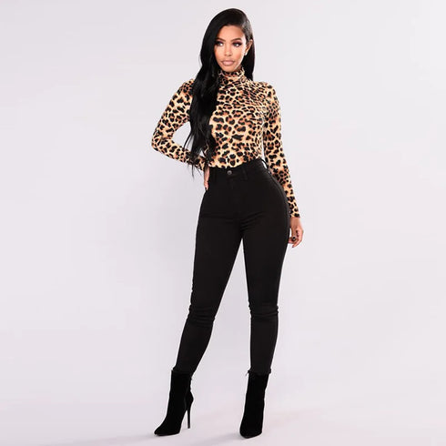 Women's Long-Sleeved Leopard Print Turtleneck Top