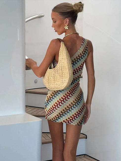 Irregular Printed Knitted Mini Dress for Women Chic Backless Summer Beach Dress Slim Fit Ankle Length for Holiday Party