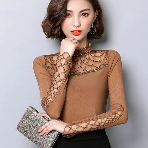 Elegant Hollow Out Lace Long Sleeve Blouse
