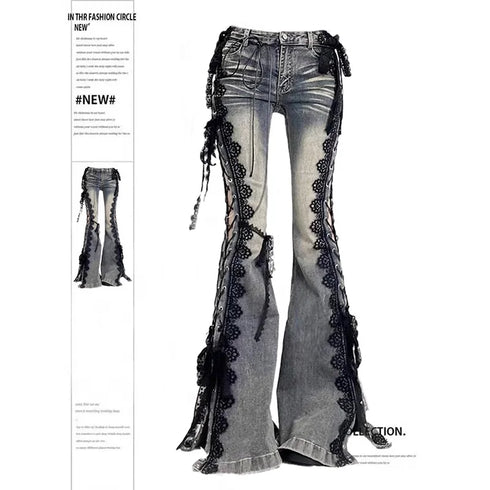 Women’s Flare Jeans with Lace Detail in Grey