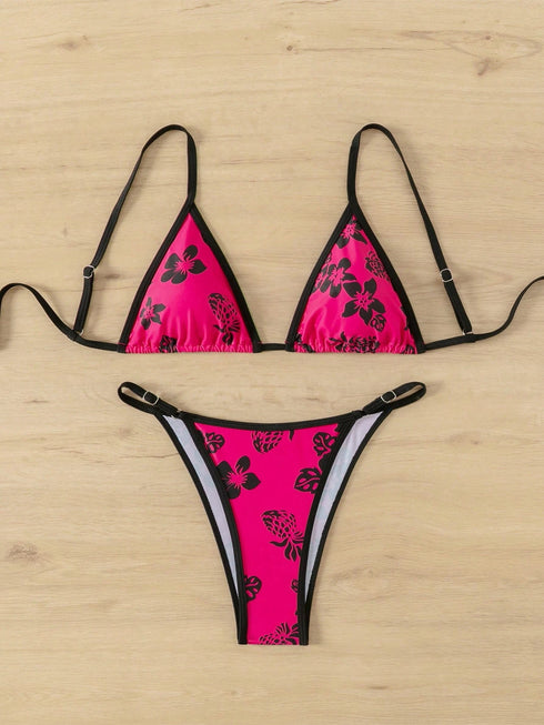 Floral Contrast Print Adjustable Bikini Set