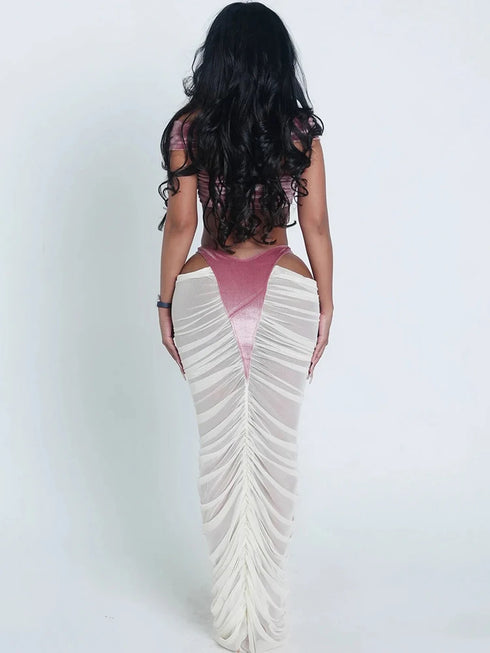 Velvet Cross Kink Tank Top & Ruched Long Skirt Set