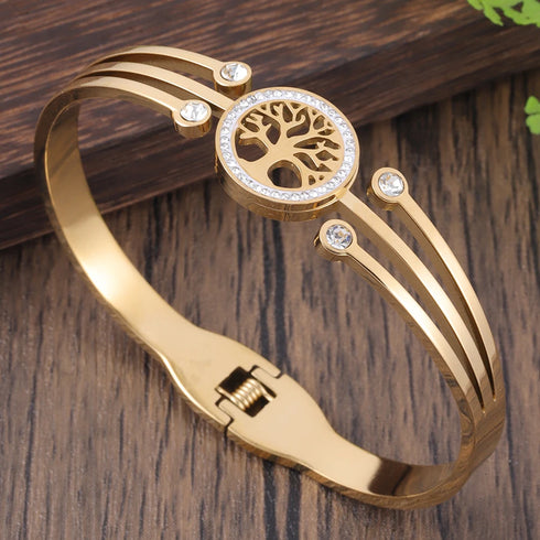 Women's Luxury Designer Bangle Stainless Steel Tree of Life Cuff Bracelet for Women