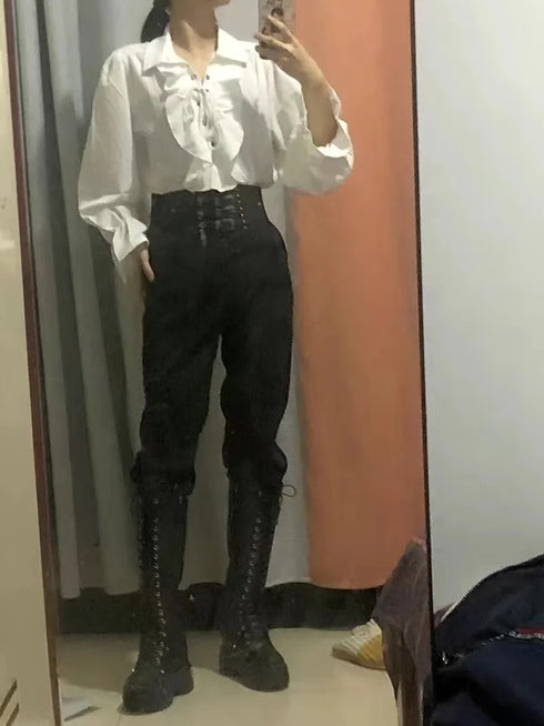 Victorian Gothic Ruffled Lace Up Blouse