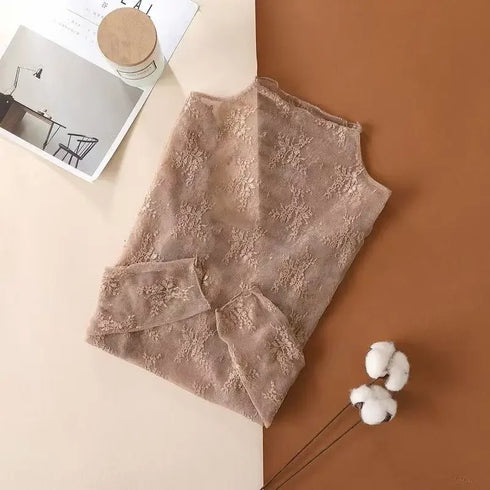 Lace Detail Turtleneck Long Sleeve Blouse