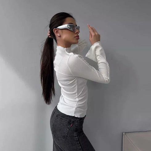 Long Sleeve Flared Sleeve Top with Round Neck