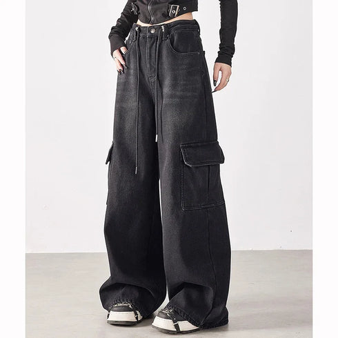 Girls Retro Streetwear Wide Leg Black Jeans