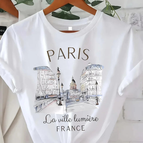 Paris Women Print T-Shirt Short Sleeve Casual Top for Summer & Spring