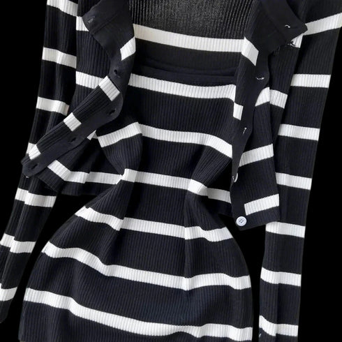 Women's 2-Piece Knit Cardigan and Striped Dress Set