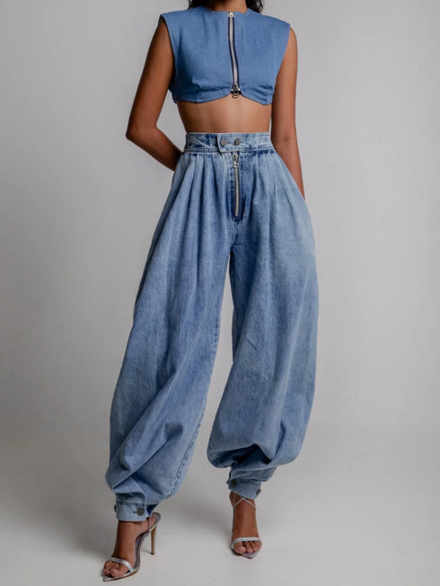 High Waisted Denim Harem Pants for Women