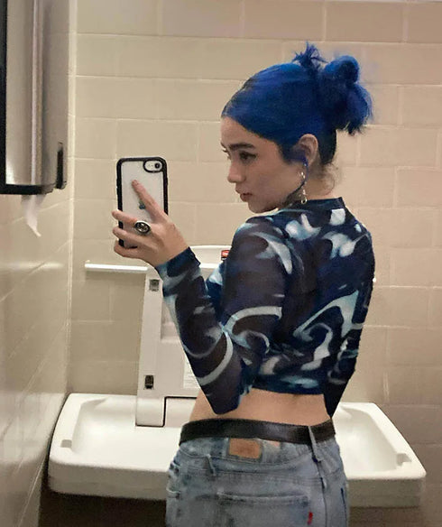 Sheer Print Mesh Crop Top with Long Sleeves