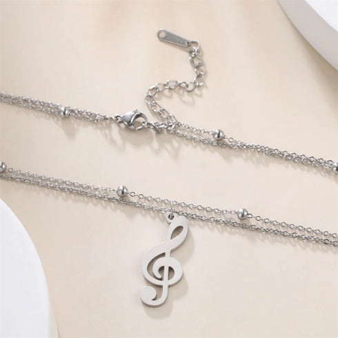 Lemegeton Stainless Steel Musical Note Pendant Necklace Double Layered Beads Chain Women Punk Hip Hop Jewelry Gifts