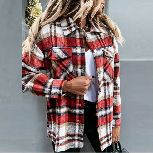 Women's Woolen Plaid Shirt Jacket - Vintage Streetwear