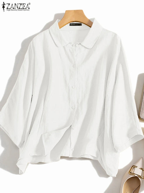 ZANZEA Elegant 3/4 Sleeve Lapel Neck Blouse for Women
