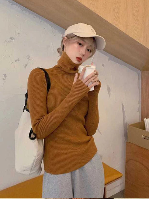 Knitted Sweater Women Korean Version Turtleneck Pullover Warm Lapping Basic Tops