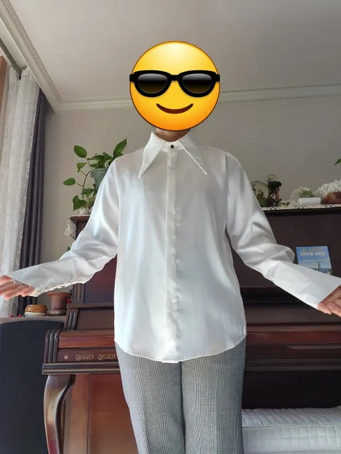 Elegant Satin Silk Blouse with Turn Down Collar