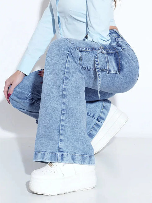 Women's Washed Cargo Jeans with Multiple Pockets